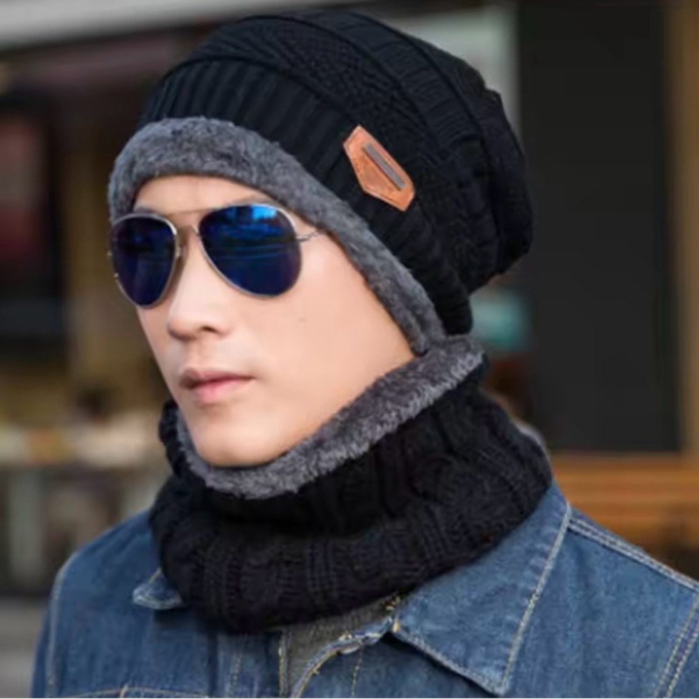 Thick Wool Winter Warm Beanie Hat & Neck Ring Scarf/Mask Set